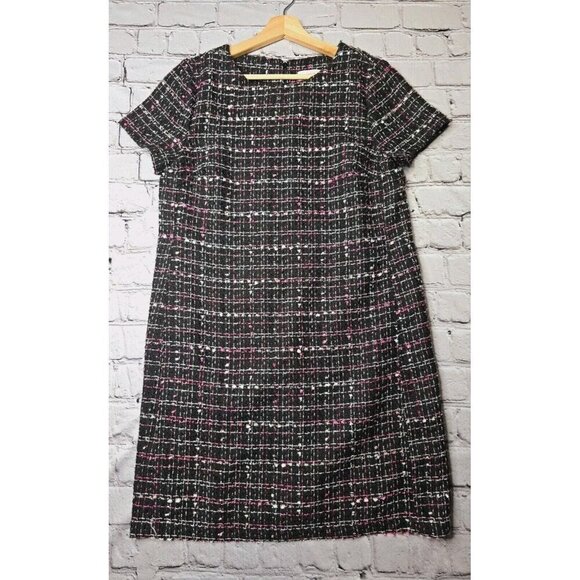 Loft Outlet Black Pink White Tweed Short Sleeve Shift Dress Size 8 - Picture 2 of 11
